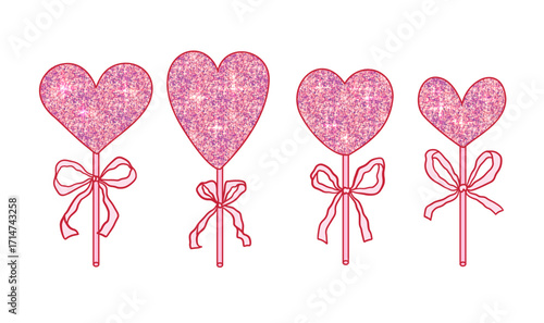 Cute set of pink heart shaped lollipops with glitter sparkling texture. Vector contour illustrations of vintage decor for Valentine's Day, Women's Day, wedding. Femininity, romance, love. Vector