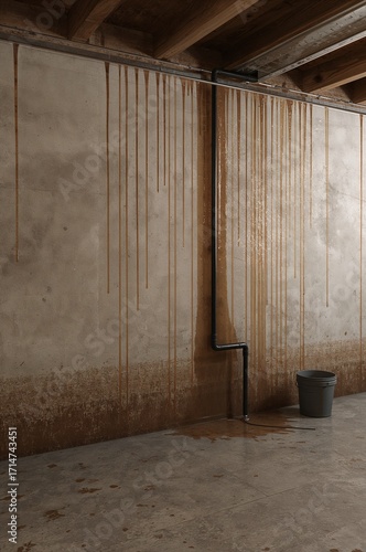 Leaky basement wall, damp mood, showing water damage with bucket
