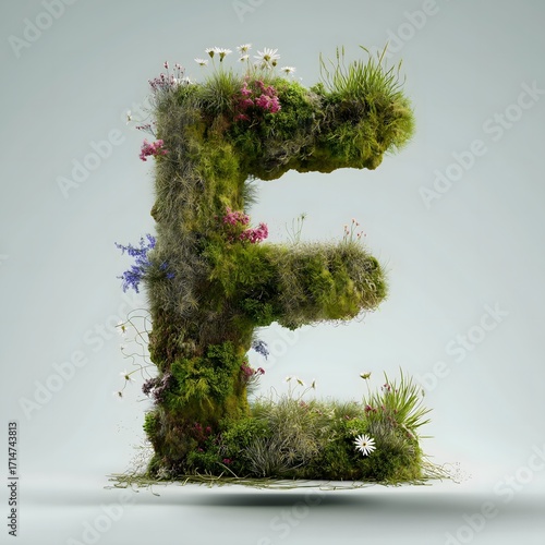 A single uppercase letter E covered in moss grass textures and wildflowers creating an organic 3d form