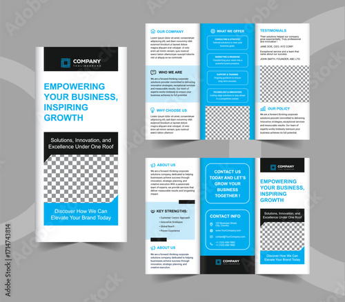 Professional Business Trifold Brochure Template. Blue Black Corporate Company Profile Template.