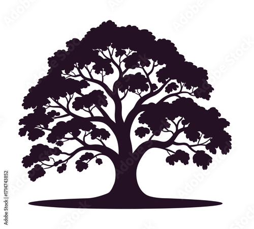 Black oak tree silhouette vector illustration, realistic forest element with wide canopy and dense leaves, ideal for eco design, outdoor scenery, and decorative artwork.