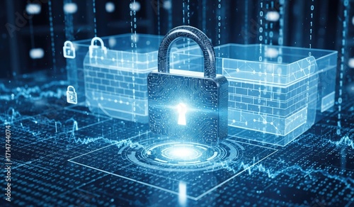 Digital padlock on a tech surface with binary code