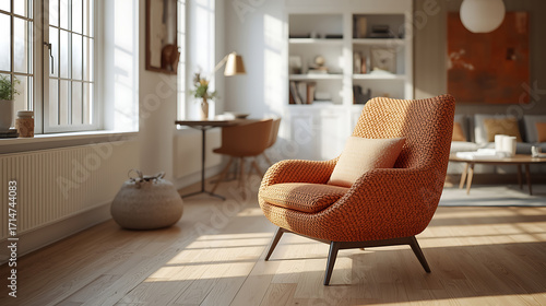 A modern Scandinavian-style living room bathed in bright natural daylight, featuring an orange accent armchair with textured details, light hardwood flooring, and minimalistic decor. The cozy atmosphe