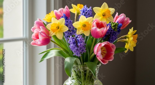 Ramos primaveral florece alegremente ba�ado por luz suave ventana. AI Generated