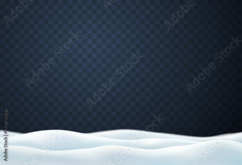 Snow drifts landscape isolated on transparent background. Christmas border with frozen hills and snowdrifts. Vector 3d snowbanks cover winter field