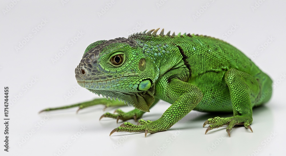 Fototapeta premium Iguana verde posada luz suave fondo blanco estudio. AI Generated