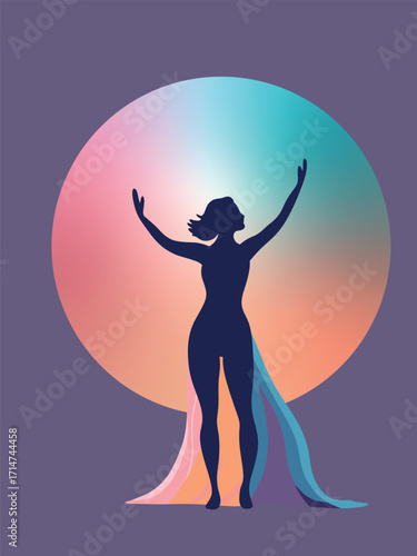 Silhouette of a woman with raised arms, surrounded by a glowing gradient circle and flowing colorful shapes, symbolizing strength, creativity, and spiritual energy.