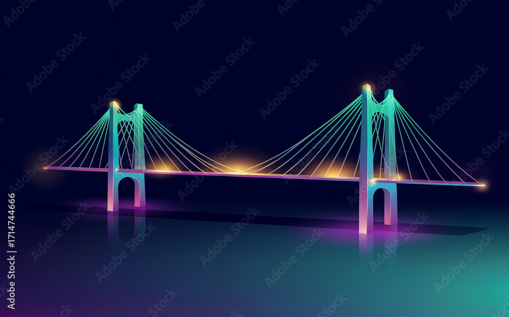 Obraz premium Futuristic Glowing Bridge Illustration with Colorful Neon Lights at Night