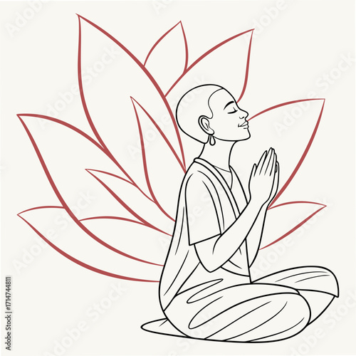 Serene woman in prayer pose with large lotus flower illustration