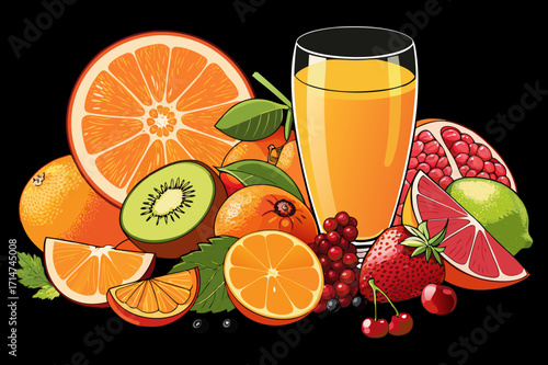 Fresh Juice Glass with Colorful Fruits Vector Illustration