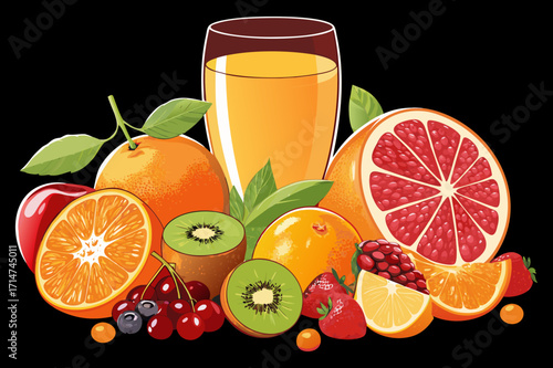 Fresh Juice Glass with Colorful Fruits Vector Illustration