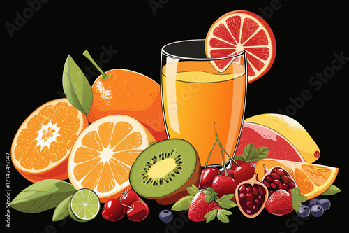 Fresh Juice Glass with Colorful Fruits Vector Illustration