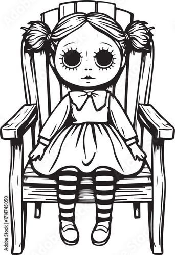 A sketch of a little girl sitting on a chair, with a dress, vector illustration of a cartoon child's face, a black silhouette of a lady model, and a drawing of her hair, for fashion and beauty design 