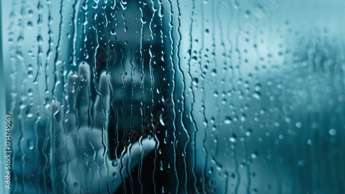 Hand pressed against a foggy glass pane, revealing a figure behind, as raindrops cascade down, capturing a moment of longing and melancholy in an autumn scene