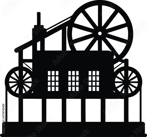 Historic cotton mill machinery with spinning wheels illustration