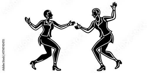 Silhouette of two dancing figures holding hands in dynamic pose, minimalist art style