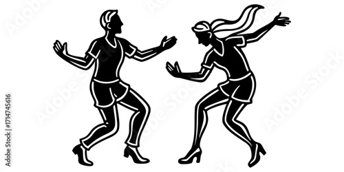 Silhouette of two dancing figures in dynamic pose, minimalist art style
