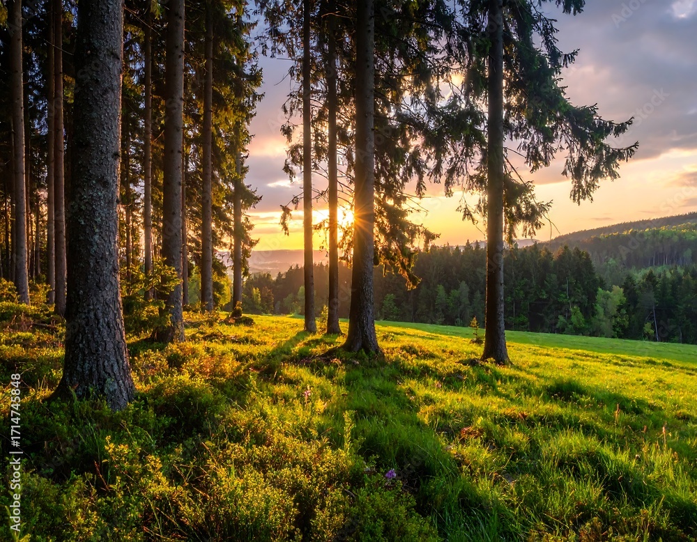 Fototapeta premium Golden sunset illuminates a tranquil forest clearing, bathed in warm hues and casting long shadows across the grassy meadow.