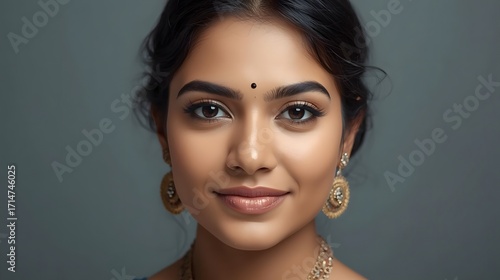 Graceful Indian Portrait: A stunning portrait of an Indian woman, adorned with traditional jewelry, radiates serenity and timeless beauty against a subtle backdrop.