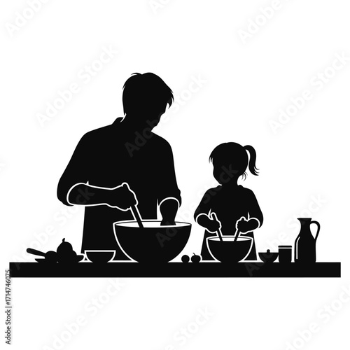 Black silhouette of father and daughter mixing ingredients in kitchen bowls together family cooking