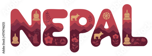 Nepal Typography Illustration with Himalayan Mountains, Buddhist Stupas, Yak, Flowers, and Cultural Elements Isolated on Transparent Background
