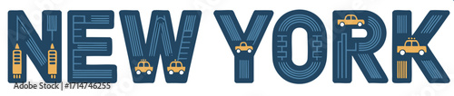Modern New York Typography Illustration with Yellow Taxi Cabs, Subway Elements, and Urban City Design on Transparent Background