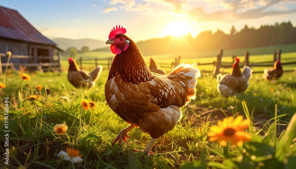 Fototapeta premium A group of hens forage in a sun-drenched meadow, a rustic wooden barn providing a tranquil backdrop.