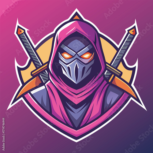 Neon Ninja Warrior with Glowing Eyes and Crossed Swords