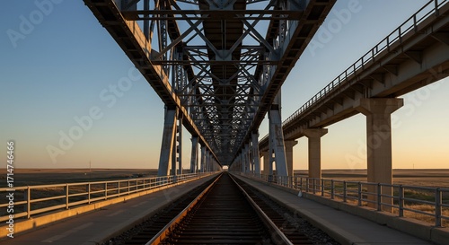 Puente ferroviario extenso se extiende bajo cielo anaranjado atardecer. AI Generated