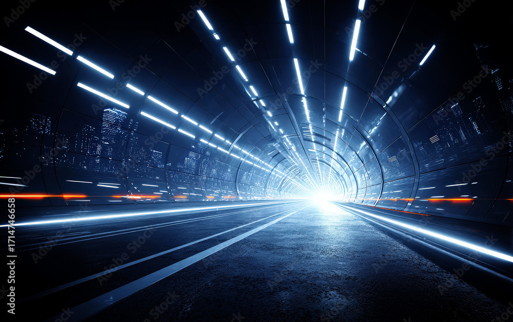 Obraz premium Futuristic tunnel with glowing lights and cityscape in the background
