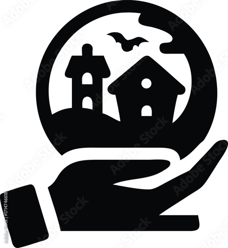 Hand holding a globe with houses and a bat inside symbolizing home ownership or real estate