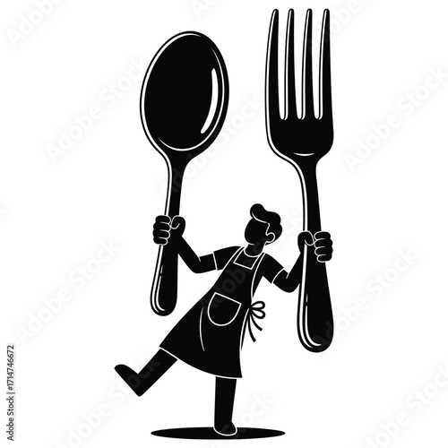 Silhouette man wearing apron holding giant spoon and fork male chef