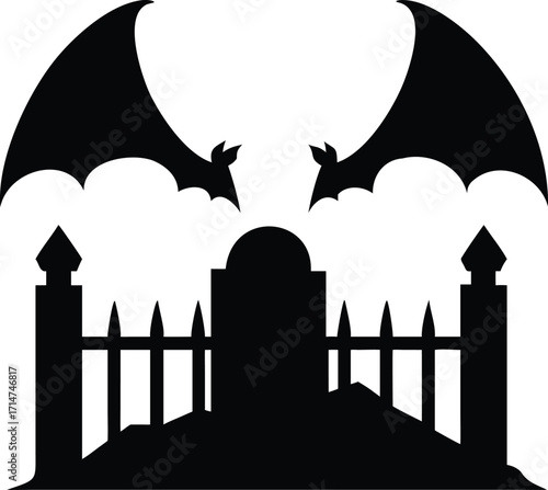 Silhouette of a spooky graveyard with bats flying above