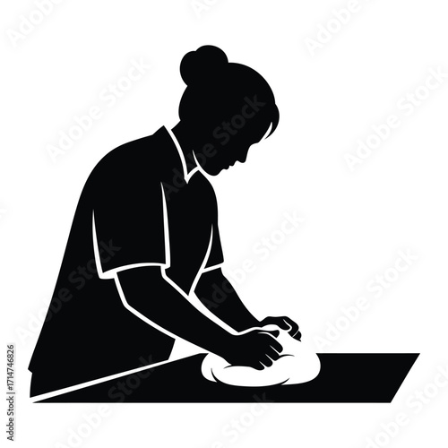 Black silhouette of a woman kneading dough on a flat surface vector art baker bread