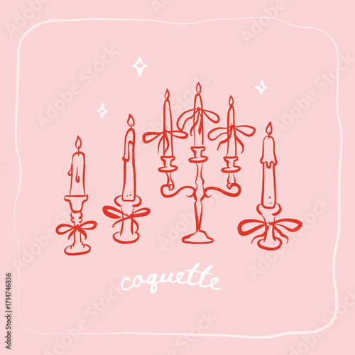 Set of hand drawn vintage elegant coquette candles in candlestick and candelabra with red bows. Vector contour linear illustration in retro sketch parisian style