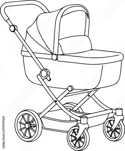 Line art illustration: Modern baby stroller, minimalist design, clean lines, neutral mood.