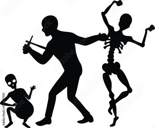 Silhouette of a man controlling dancing skeletons with strings