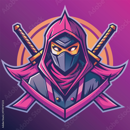 Neon Ninja Warrior with Glowing Eyes and Crossed Swords