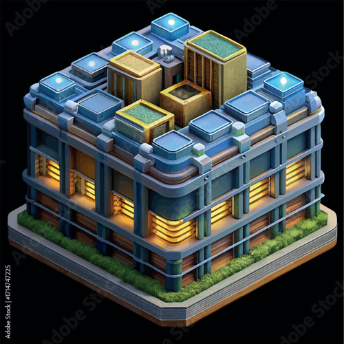 Futuristic Urban Oasis: A stylized architectural marvel showcasing a modern building's innovative design, rendered in a high-angle, eye-level perspective.