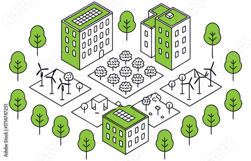 Circular isometric city block with residential towers and greenery