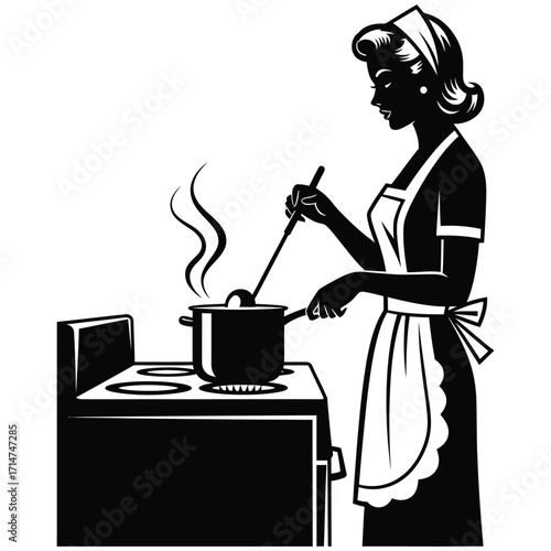 Silhouette woman in apron cooks on stove with steam rising from pot cooking