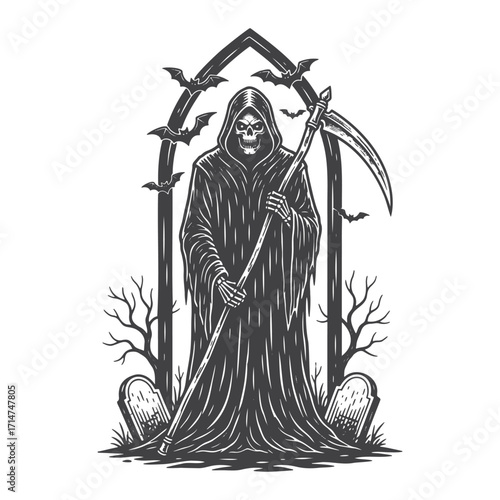 Vintage Gothic Grim Reaper with Scythe and Bats
