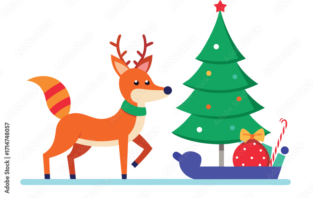 Naklejka premium Cute fox with antlers and christmas tree in snowy landscape