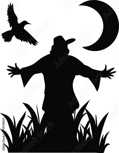 Silhouette of a figure with outstretched arms under a crescent moon with a bird flying