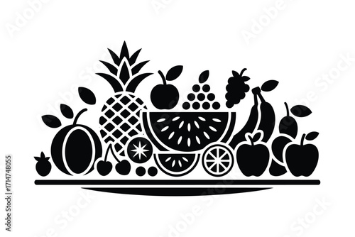 Stylized black and white silhouette of a bounty of fresh fruits arranged artistically