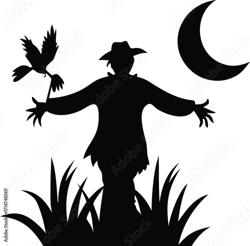 Silhouette of a scarecrow in a field under a crescent moon