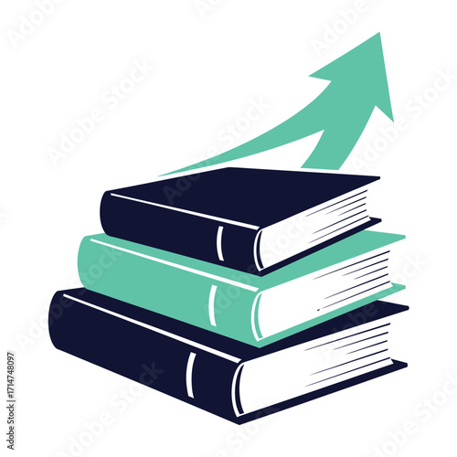 Stack of dark blue and teal books with upward trending arrow learning growth