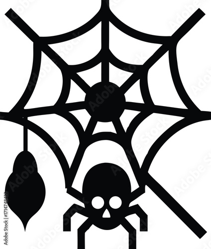 Halloween spider and web silhouette with a dangling spider egg sac