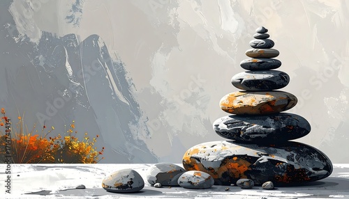 Balanced stones amidst a tranquil mountain landscape