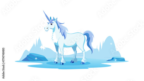 Majestic white unicorn standing in winter wonderland illustration for fantasy themed designs art print